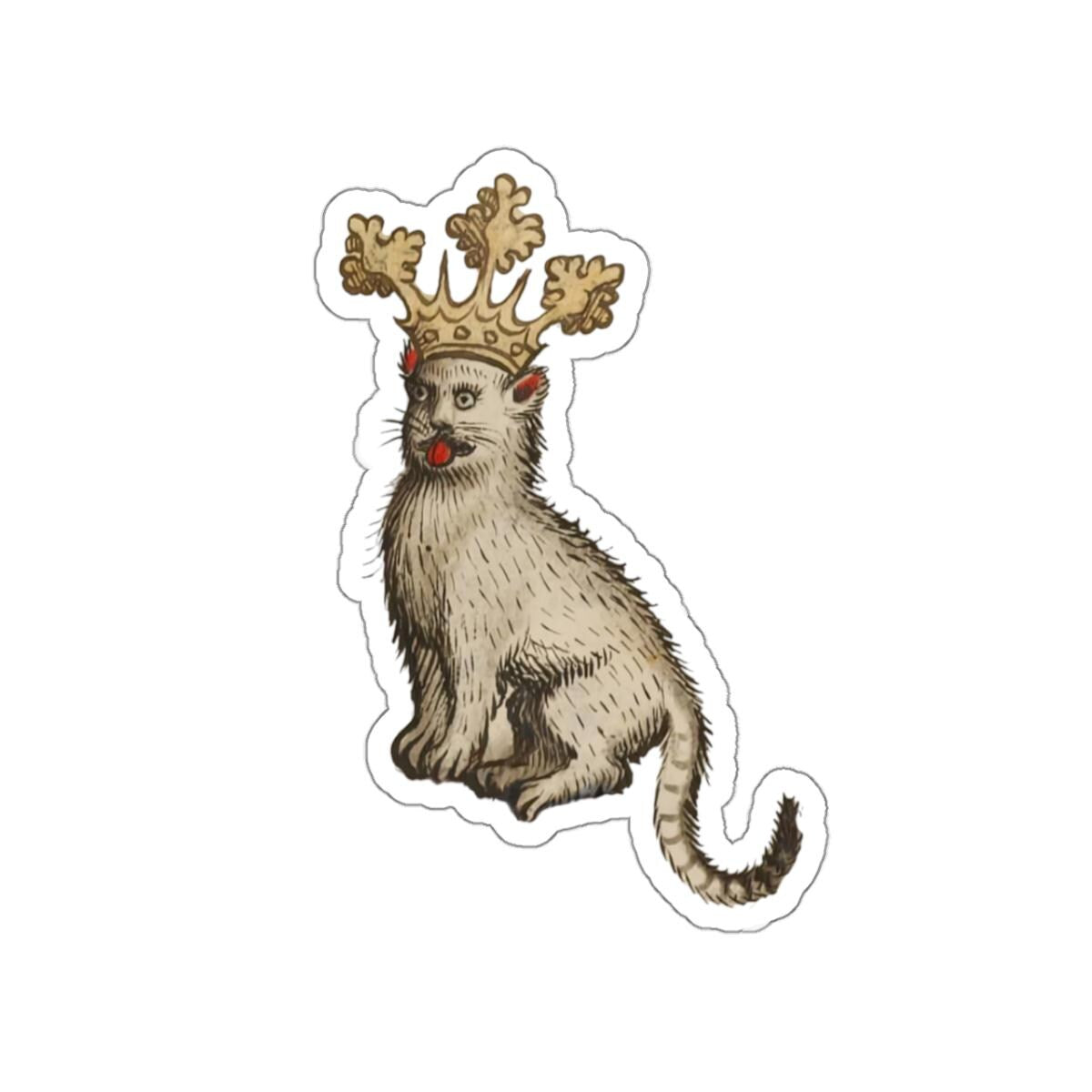 Medieval Cat Sticker, Crowned Cat with Tongue Out, Mystical Medieval Art Decal, Unique Gift