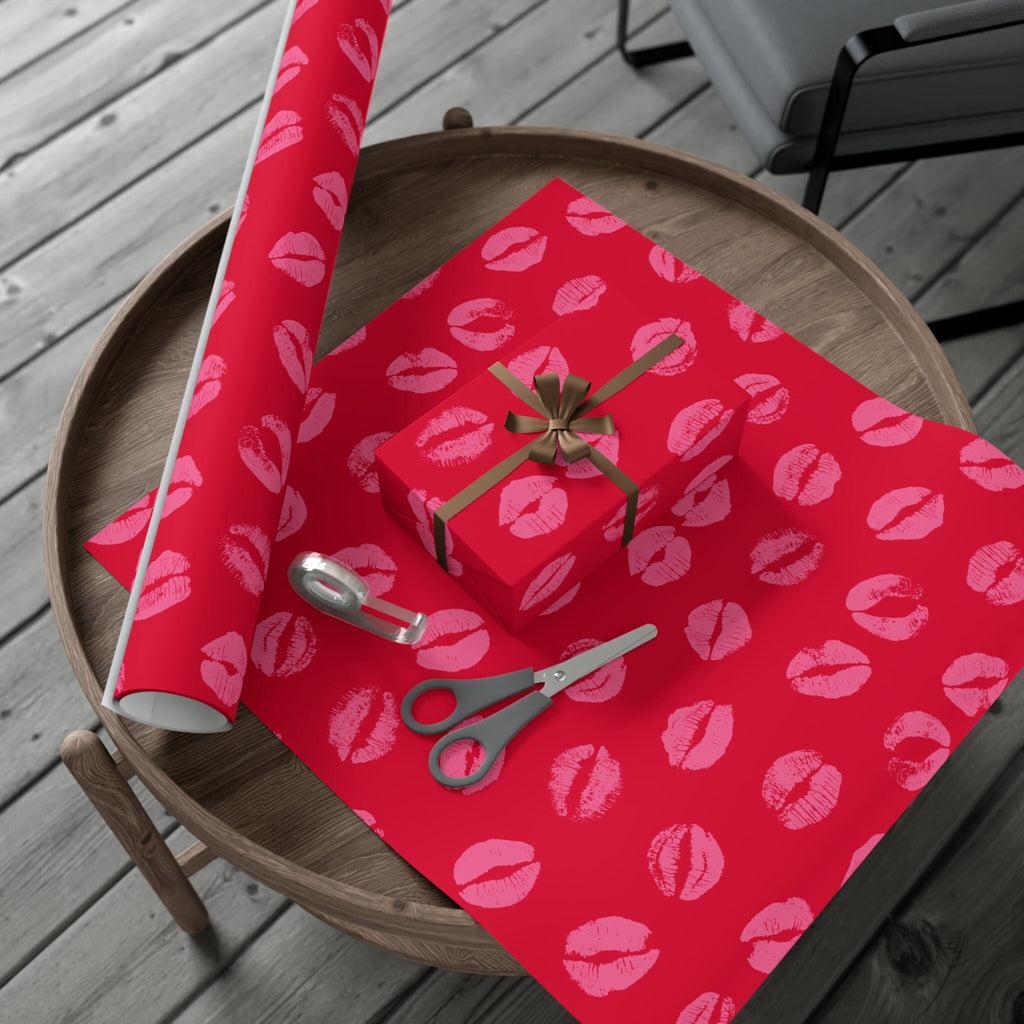 Chic Pink Lipstick Kisses Gift Wrap, Birthday Wrapping Paper, Stylish Red and Pink Design, Valentines Day Gift Decor