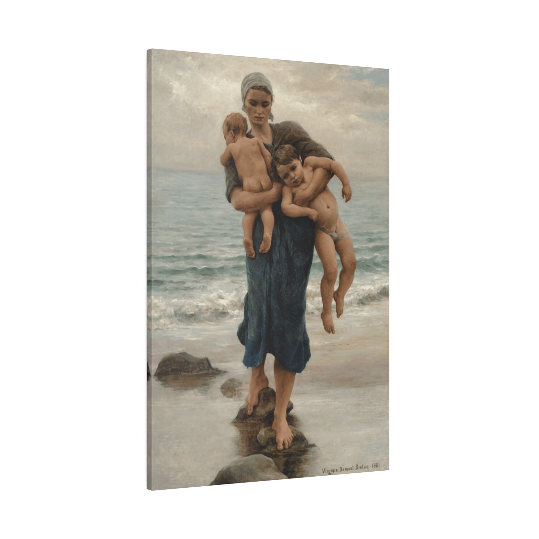 Virginie Demont Breton Canvas Panel Print, Fishermans Wife Bathing her Children, Home Wall Art Decor, Perfect Mothers Day Gift