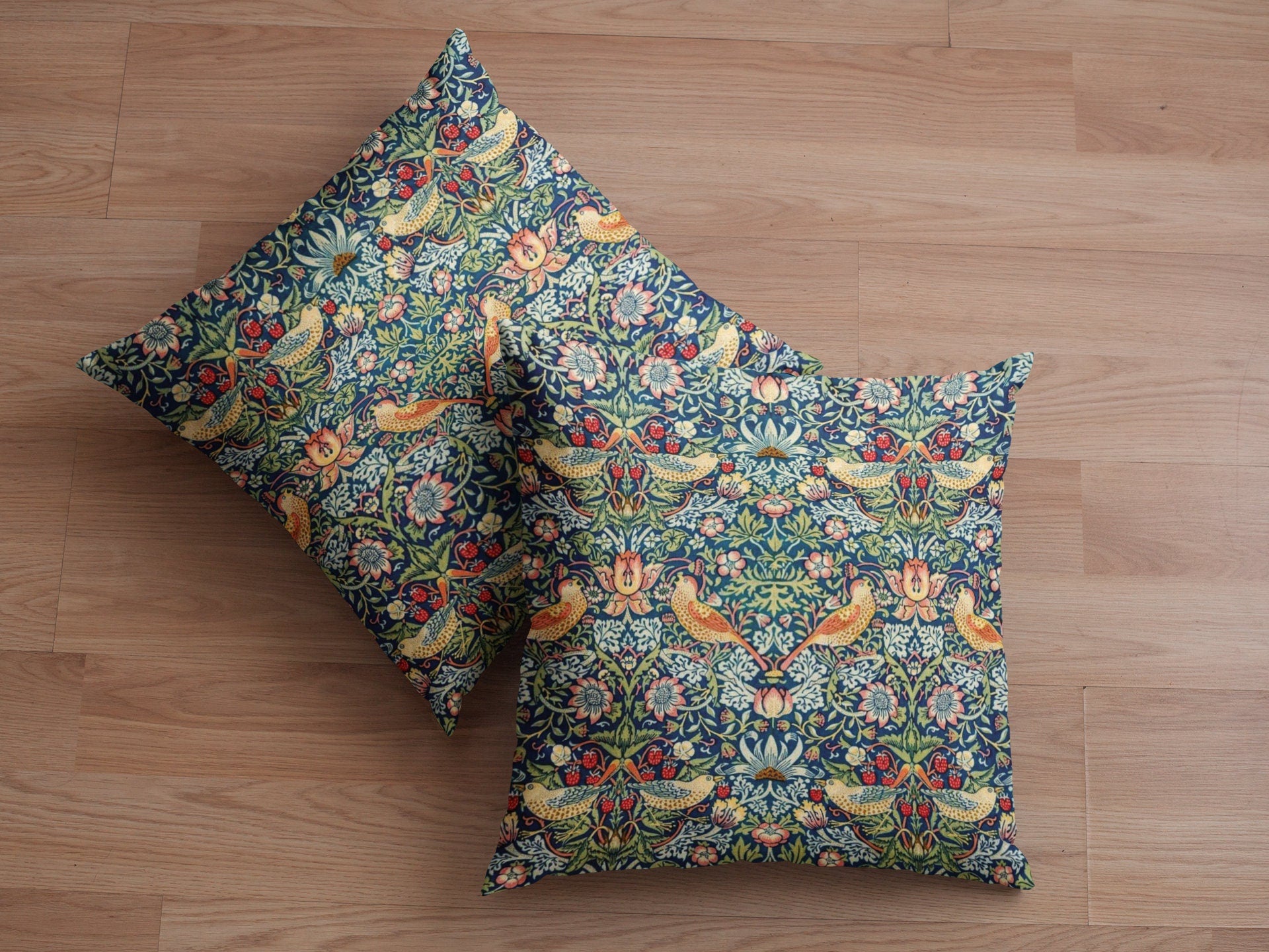 William Morris Strawberry Thief Pillow, Classic Arts and Crafts Design, Decorative Double Sided Cushion