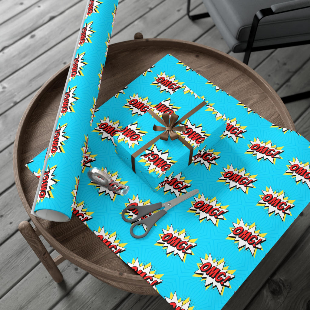 Retro Pop Art Wrapping Paper, Cartoon Speech Bubble on Bright Blue, Funky Gift Wrap, Gift Decoration for Friends
