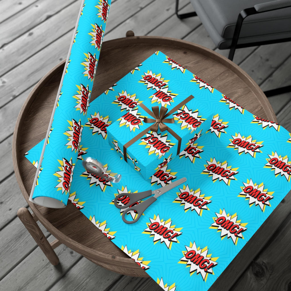Retro Pop Art Wrapping Paper, Cartoon Speech Bubble on Bright Blue, Funky Gift Wrap, Gift Decoration for Friends