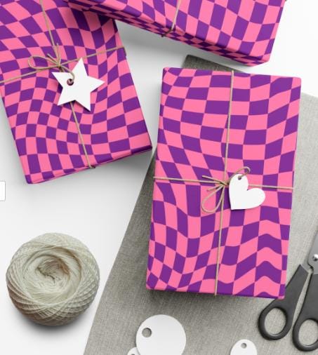 Checkered Wrapping Paper, Chic Pink Purple, Funky 70s Vibe, Girly Gift Wrap, Satin or Matte Finish