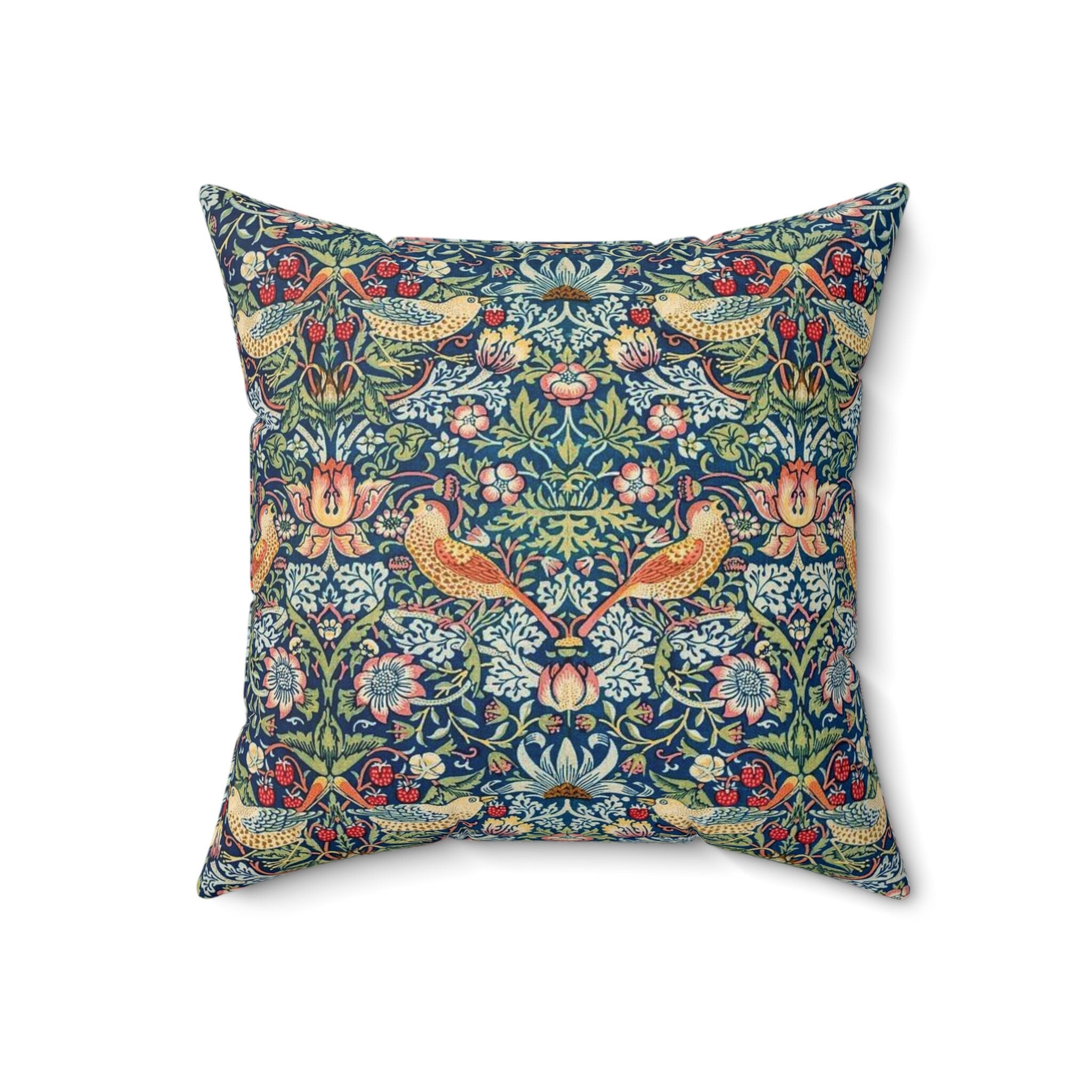 William Morris Strawberry Thief Pillow, Classic Arts and Crafts Design, Decorative Double Sided Cushion