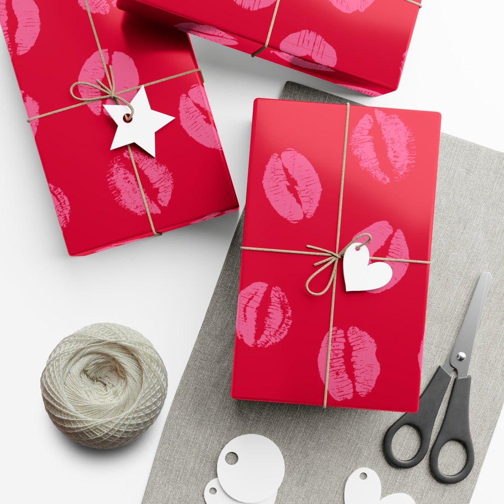 Chic Pink Lipstick Kisses Gift Wrap, Birthday Wrapping Paper, Stylish Red and Pink Design, Valentines Day Gift Decor