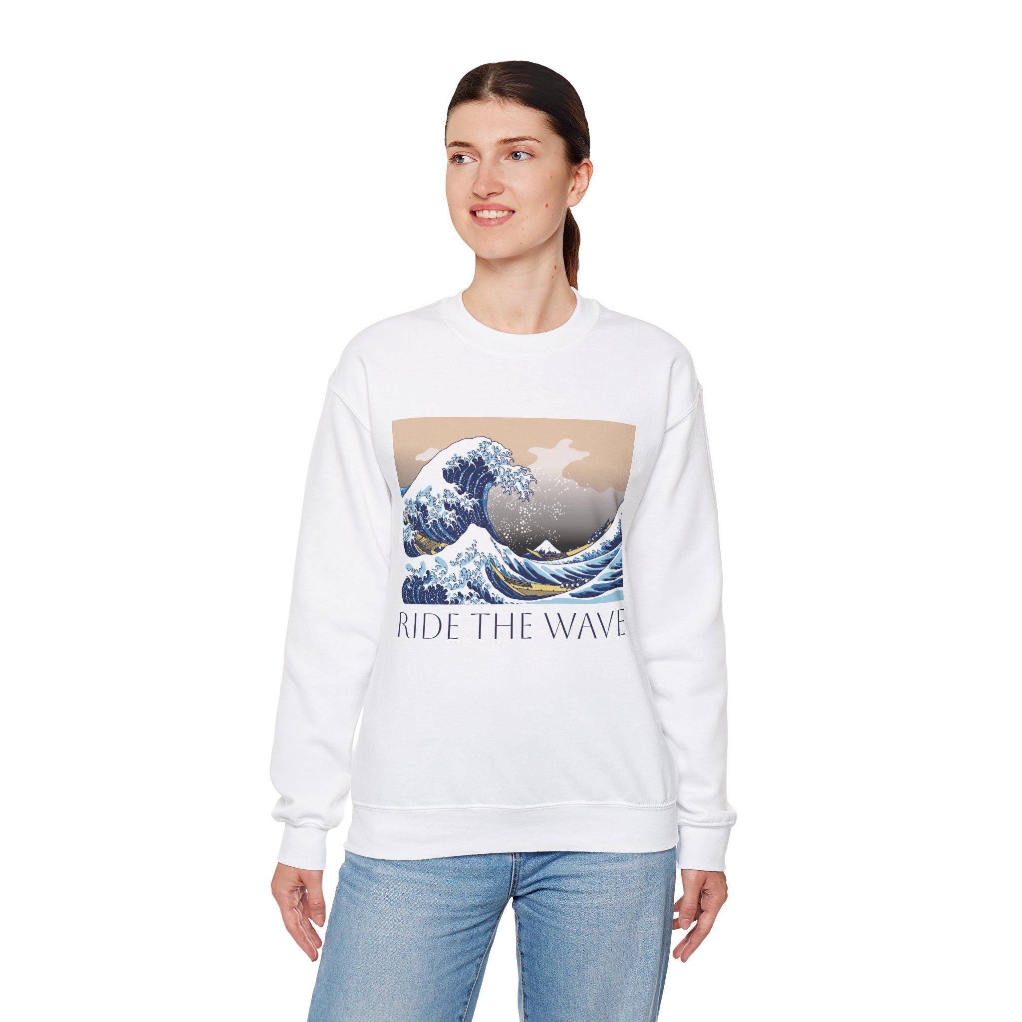 Ride the Wave Hoodie, Vintage Japanese Art 'The Great Wave' Design, Motivational Streetwear, Cozy Heavy Blend Sweatshirt