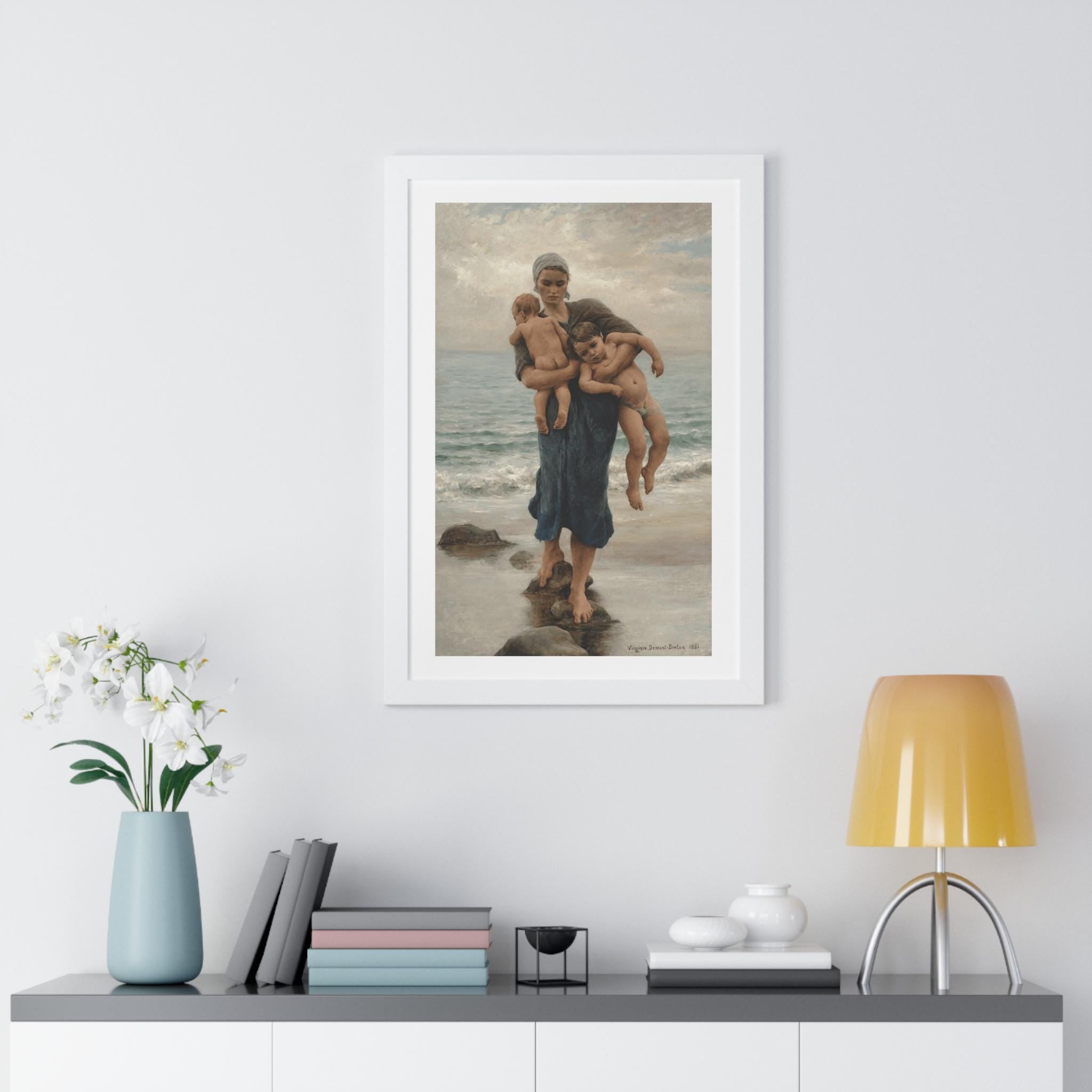 Framed Print of Fisherman's Wife Bathing Her Children by Virginie Demont Breton, Home Wall Decor, Ready to Hang, Mother's Day Gift