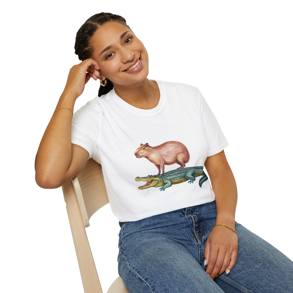 Funny Capybara and Crocodile T-Shirt, Cute Cozy Genderneutral Tee, Gift for Friends, Animal Graphic Shirt, Softstyle Unisex Comfy Tee