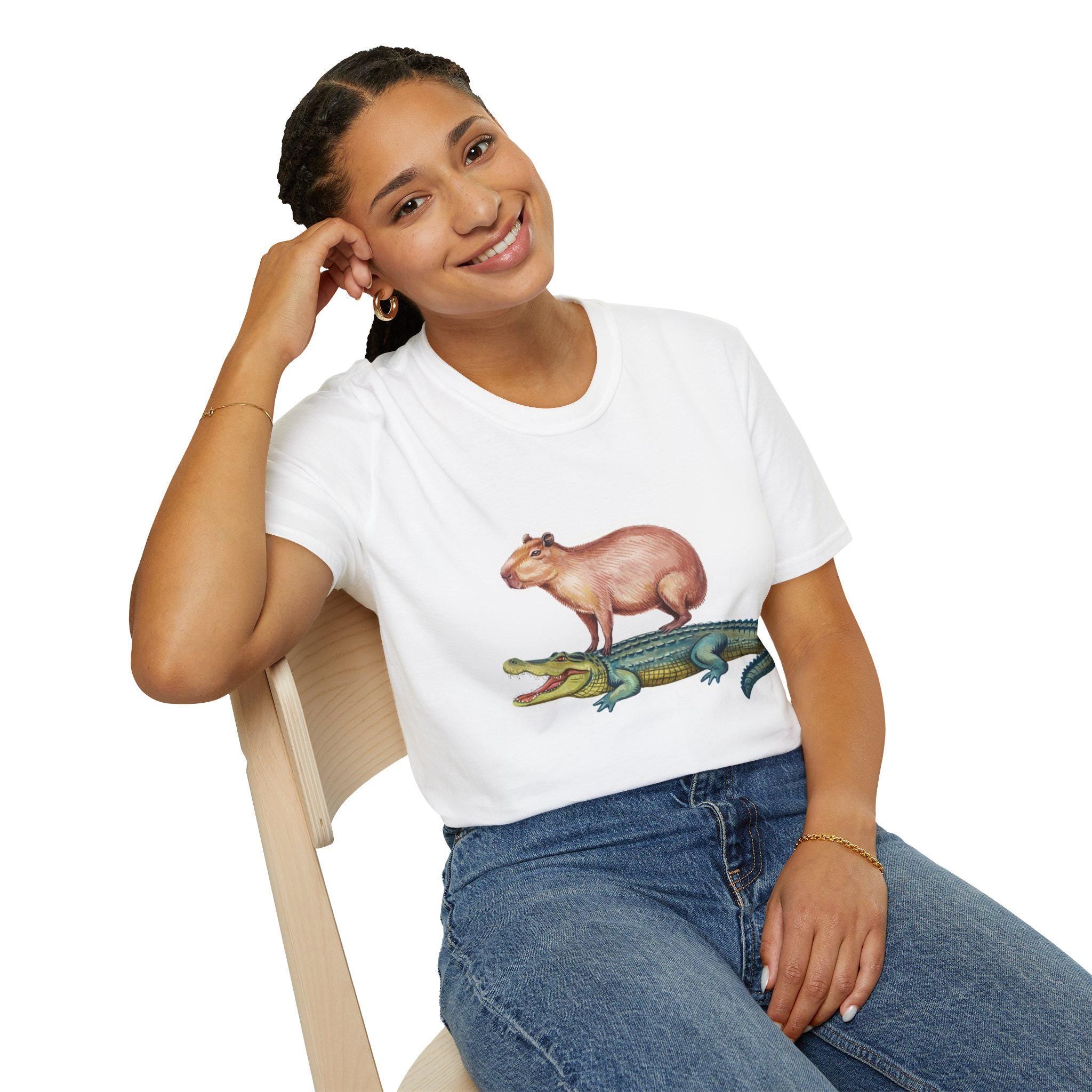 Funny Capybara and Crocodile T-Shirt, Cute Cozy Genderneutral Tee, Gift for Friends, Animal Graphic Shirt, Softstyle Unisex Comfy Tee