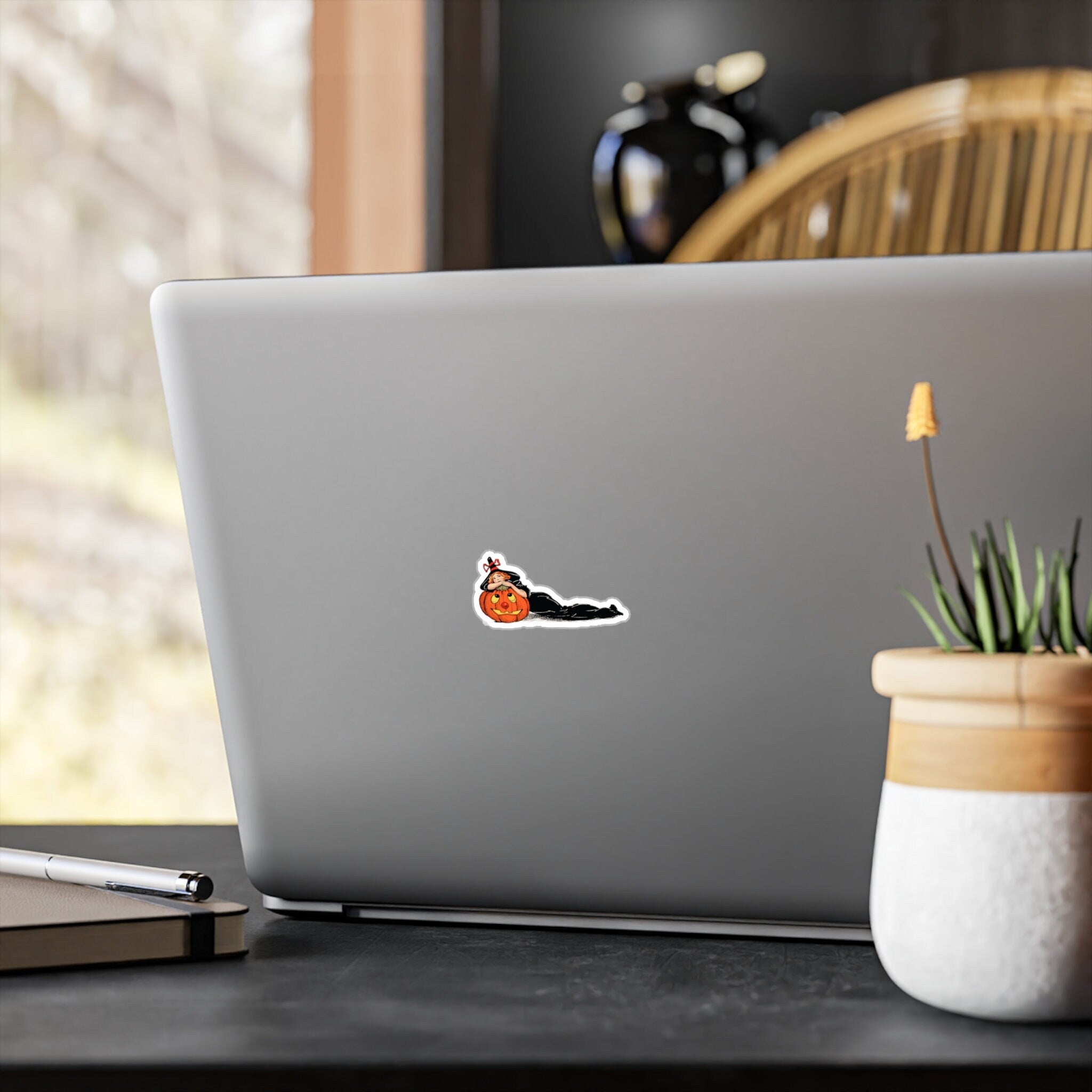 Vintage Halloween Witch with Pumpkin Vinyl Decal Sticker, Holiday Decor, Cute Sticker Great Gift for Laptop and Water Bottle