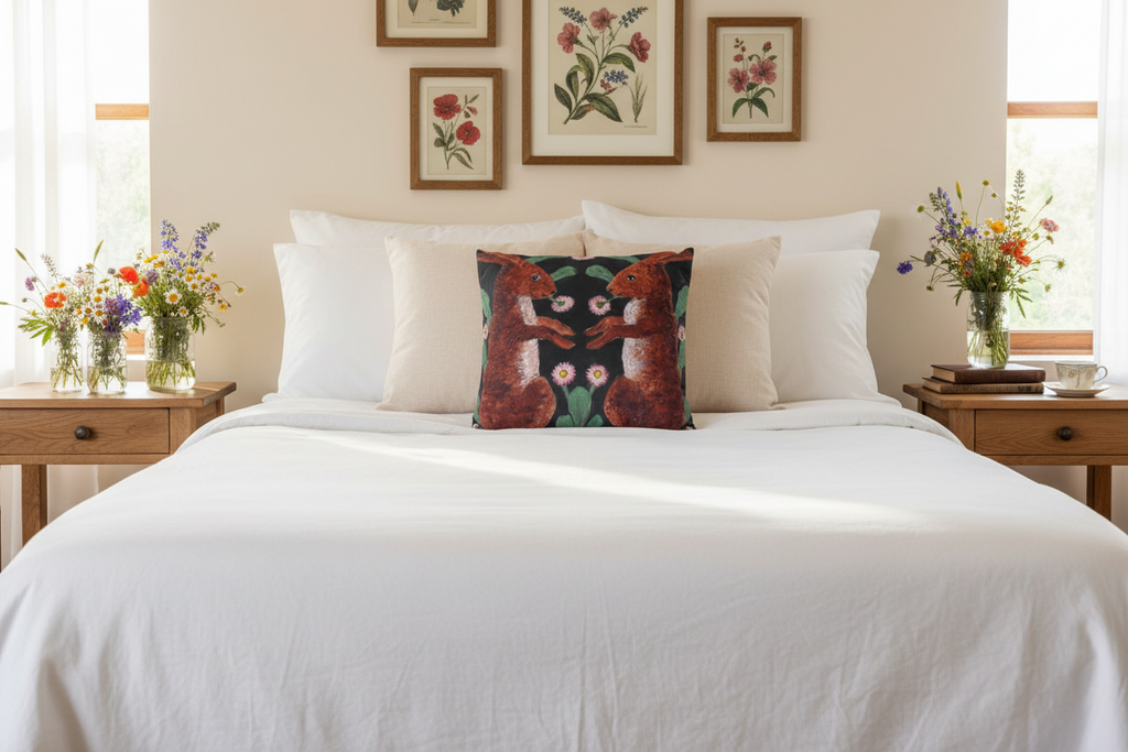 William Bell Scott "Two Hares" Pillow Cover | Vintage Rabbit Cottagecore Throw Pillow