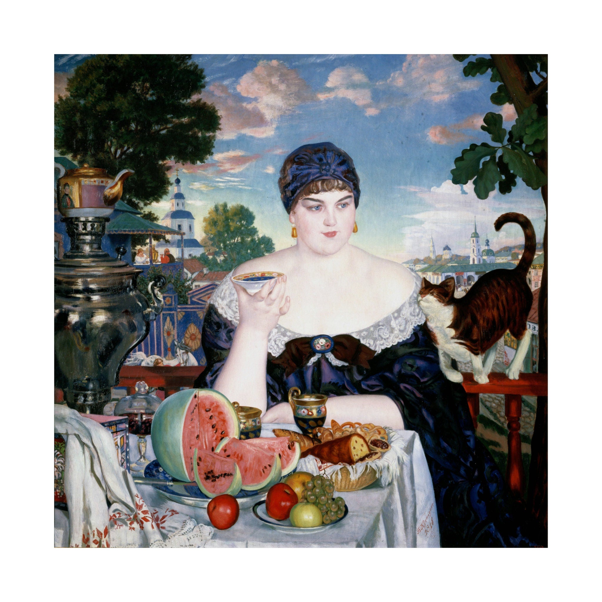 Merchant's Wife at Tea Poster by Boris Kustodiev, Russian Fine Art Print, Home Wall Decor Gift