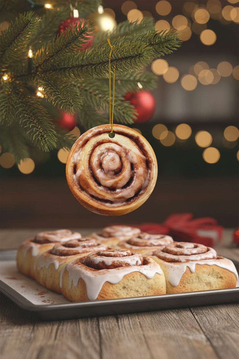 Cinnamon Bun Christmas Ornament, Double Sided Holiday Decor for Foodies & Baking Lovers - Christmas Tree Seasonal Decoration - Flat Surface