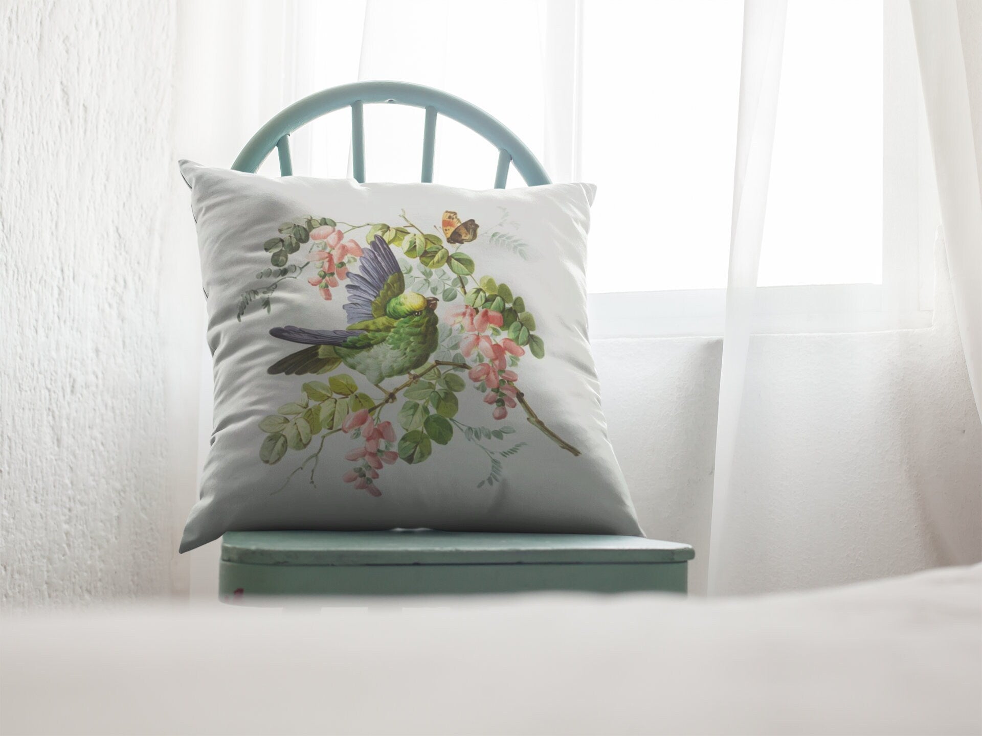 Floral Bird Art Pillow, Elegant Renaissance Double Sided Decor, Soft Cushion, Cottagecore, Housewarming Gift