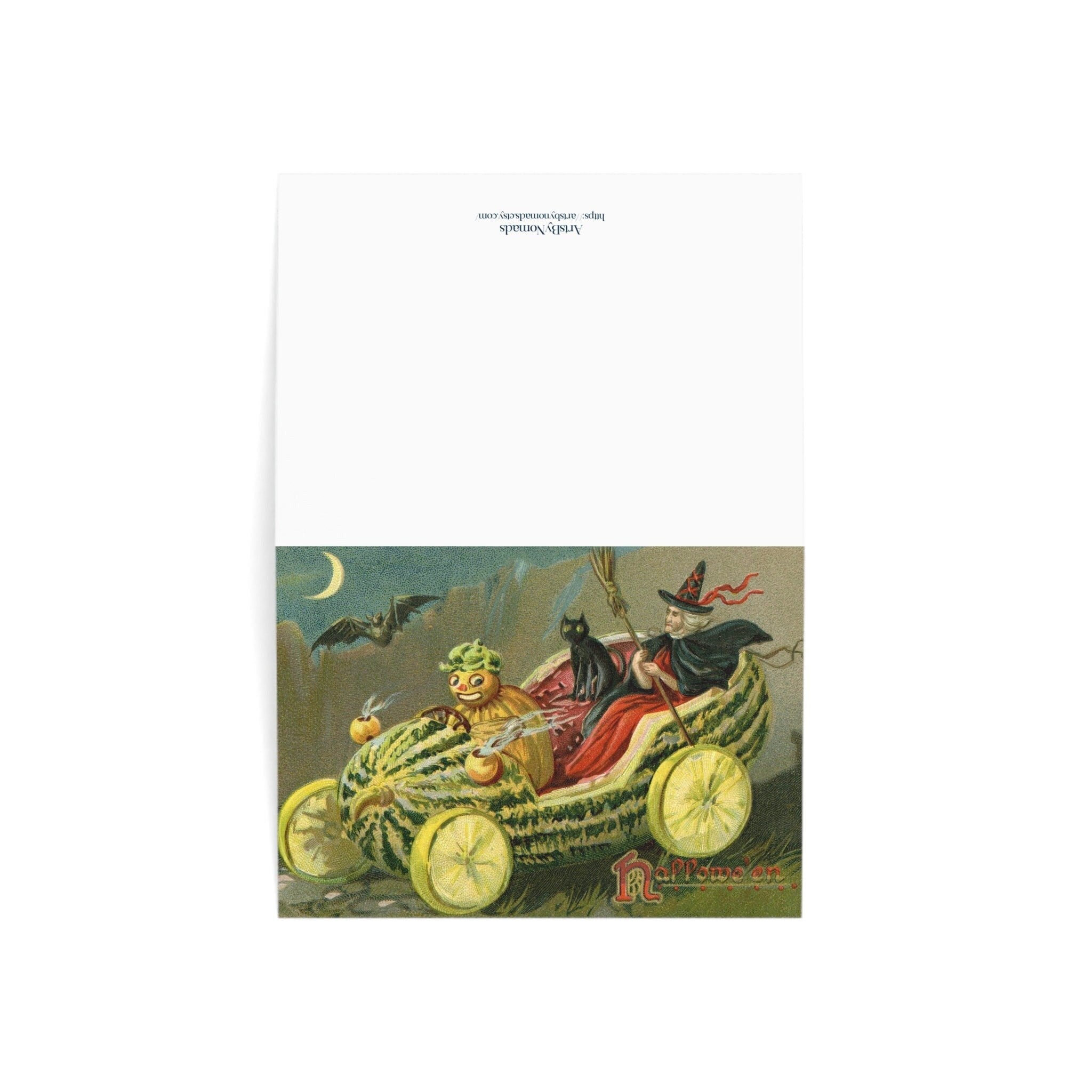 Vintage Halloween Greeting Card, Pumpkin Driving a Vegetable Car with Witch and Cat, Retro Holiday Decor, Great Gift