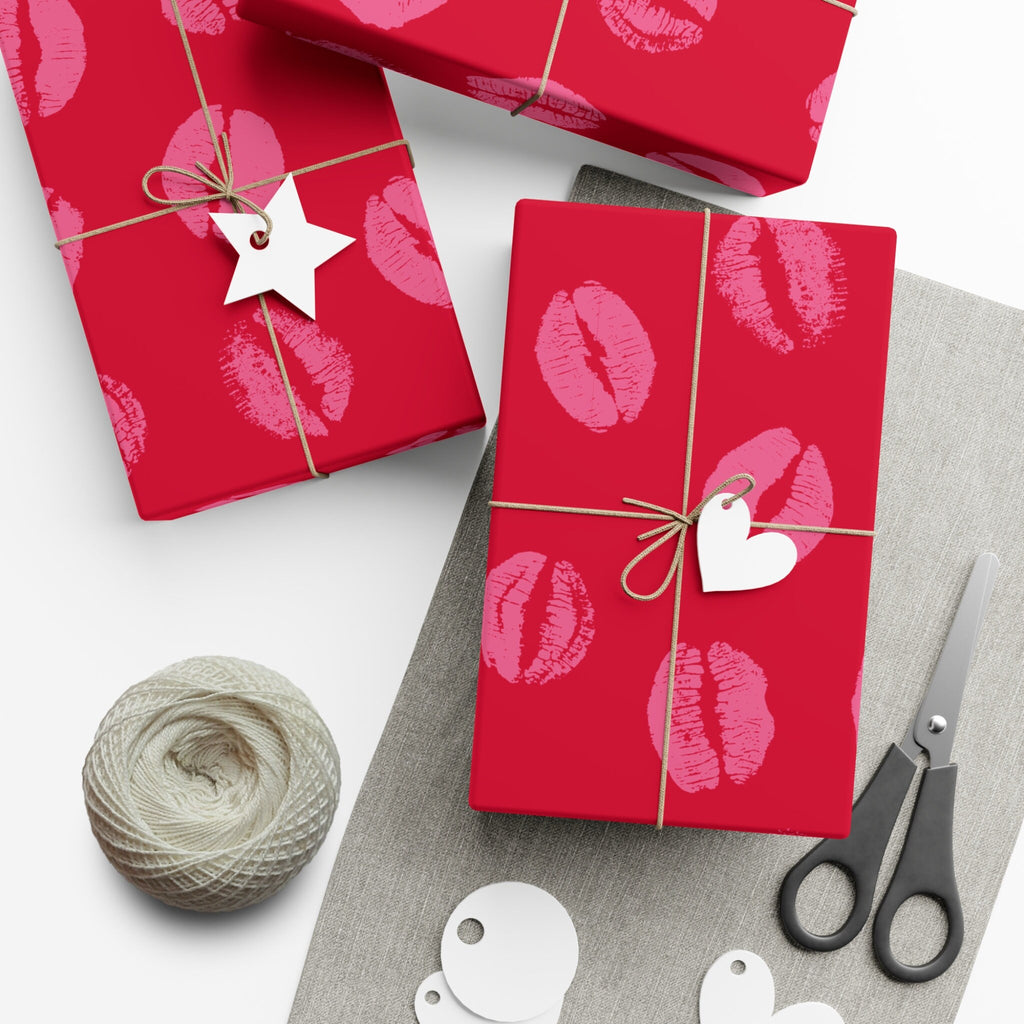 Chic Pink Lipstick Kisses Gift Wrap, Birthday Wrapping Paper, Stylish Red and Pink Design, Valentines Day Gift Decor