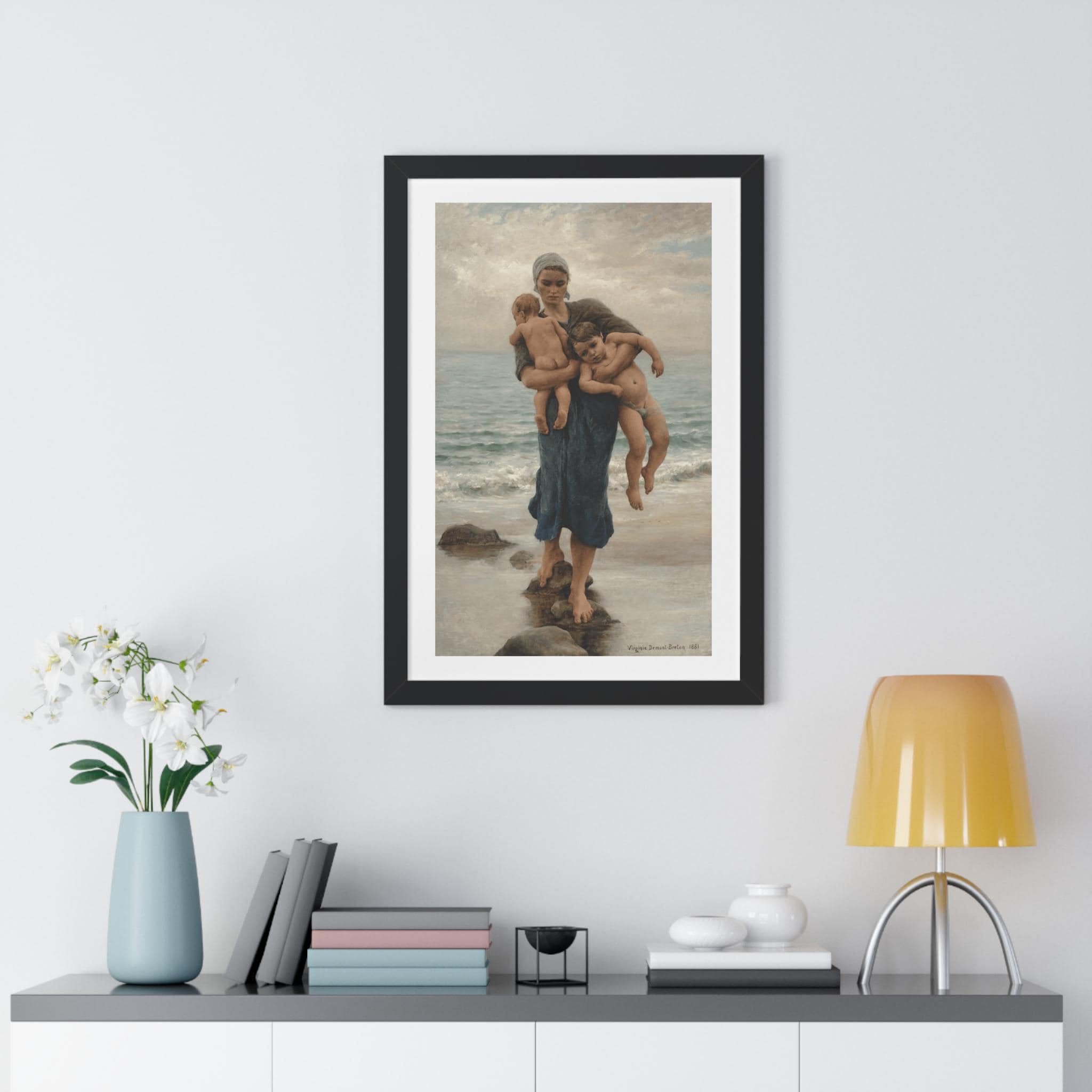 Framed Print of Fisherman's Wife Bathing Her Children by Virginie Demont Breton, Home Wall Decor, Ready to Hang, Mother's Day Gift