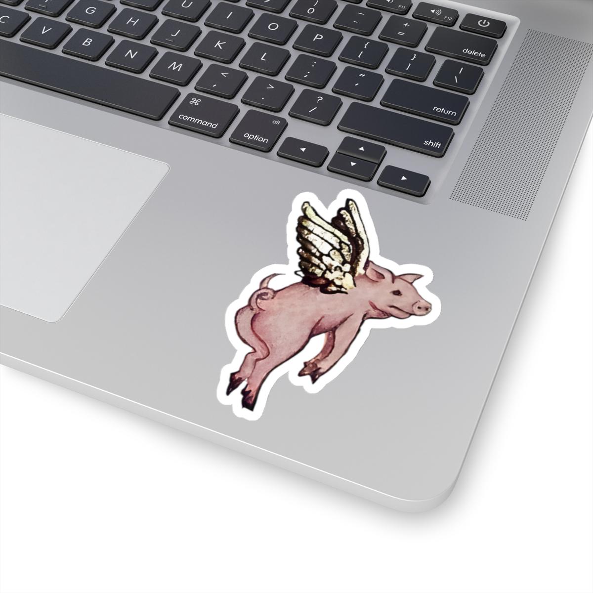 Flying medieval pig vinyl sticker inspired by medieval manuscript art