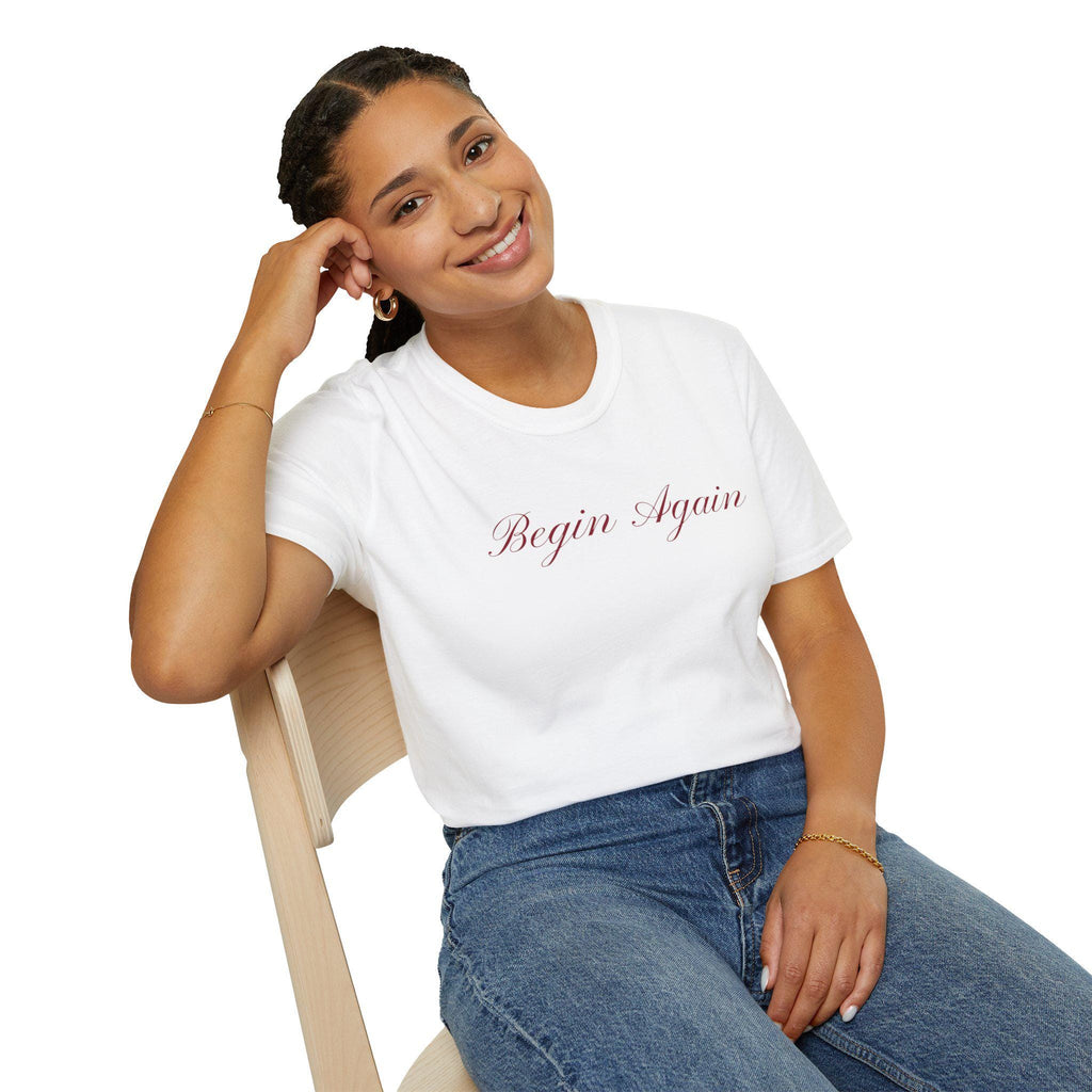 Begin Again Unisex Softstyle T-Shirt, Lyrics Attire, Minimalist Red Handwriting Font Tee, Elegant Tee, Statement Print Shirt