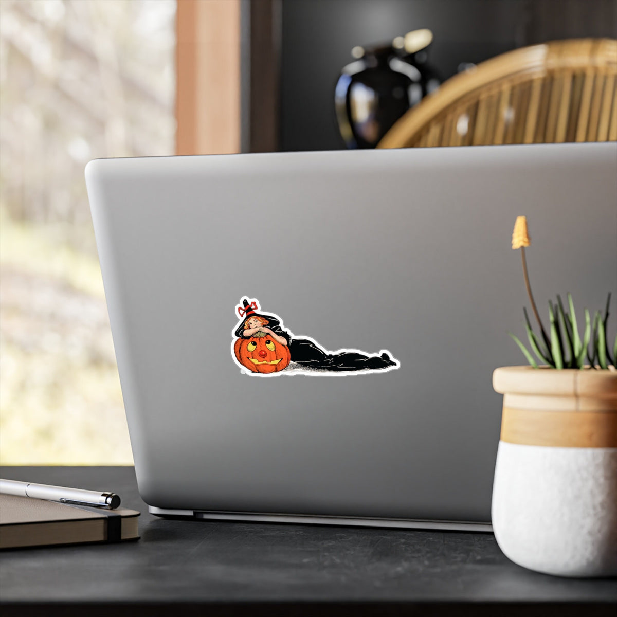 Vintage Witch and Pumpkin Halloween Vinyl Sticker