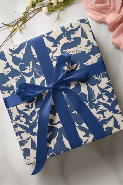 Vintage Pigeon Bird Pattern Birthday Gift Wrapping Paper - Elegant Blue and White Design, Classic Gift Wrap - Eco Friendly